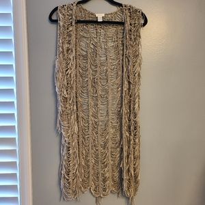 Chico's Ribbon Fringe Open Front Duster Vest Tan Size S/M
